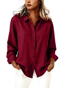 Casual dark red long-sleeved cotton linen blouse with lapel collar for women