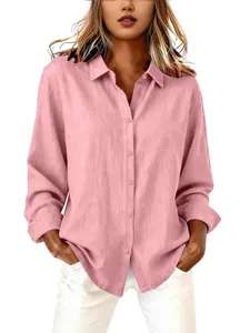 Casual pink long sleeve cotton linen shirt for women with lapel collar and loose fit