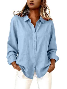 Elegant light blue cotton linen shirt for women featuring a loose fit and long sleeves