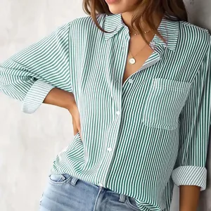 Women's casual green and white vertical striped long sleeve button-down shirt top
