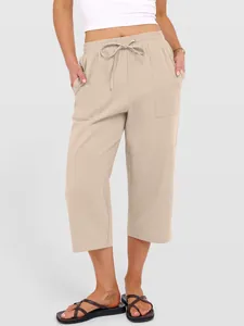 Women's casual wide-leg linen pants with drawstring waist and pockets in beige