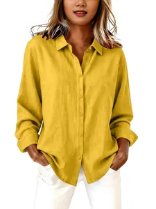 Women's casual long-sleeved yellow cotton linen blouse with lapel collar and loose fit.