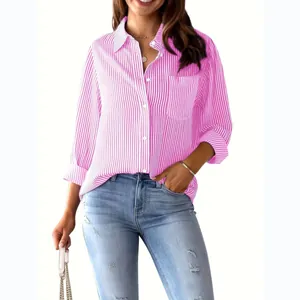 Women's casual loose long-sleeved pink and white vertical striped button-down shirt