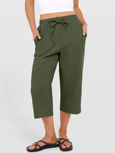Stylish women's olive green linen wide-leg cropped pants featuring drawstring waist
