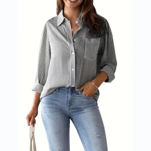 Women's classic black and white vertical striped long sleeve button-up casual shirt