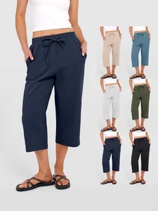 Women Casual Cotton Linen Blend Wide Leg Capri Pants Solid Color Loose Drawstring Waist Trousers Summer Bottoms