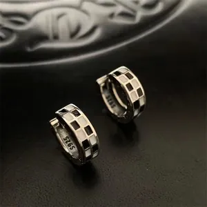 Retro Black White Checkerboard Hoop Earrings With 925 Sterling Silver Earring Post Copper Geometric Star Jewelry For Women
