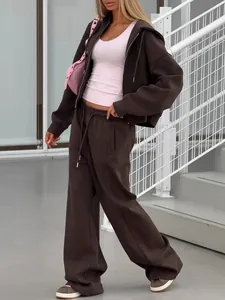 Survêtement marron stylé pour femme, ensemble 2 pièces avec sweat à capuche et pantalon