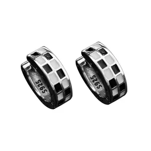 Vintage S925 sterling silver hoop earrings with black and white checkerboard pattern