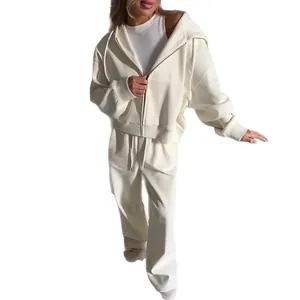 Ensemble de survêtement 2 pièces femme crème avec sweat zippé et pantalon large