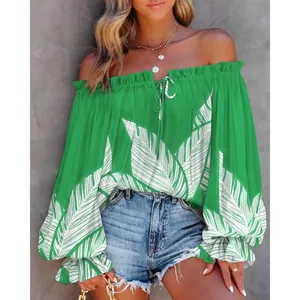 Chemisier sexy vert à épaules dénudées et manches longues avec imprimé de feuilles blanches