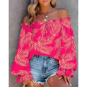 Blouse sexy rose à épaules dénudées et manches longues à imprimé tropical pour femme