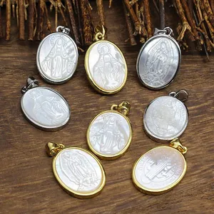 Natural Mother of Pearl Carved Religious Pendant Necklace Virgin Mary Saint Benedict Medal Gold Silver Plated Alloy Shell Jewelry