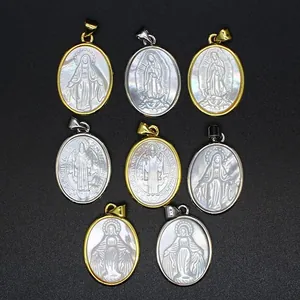 Natural mother of pearl shell pendants with engraved religious icons in gold frames