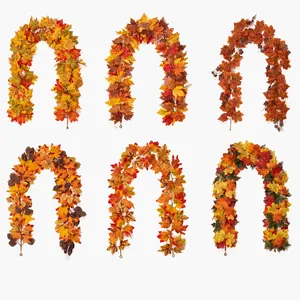 Detail view of six styles of autumn artificial maple leaf garlands for home decor