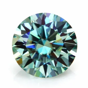 Macro detail of a round blue-green moissanite gemstone with hearts and arrows cut
