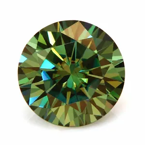 Detailed macro view of a round brilliant green moissanite with Hearts and Arrows cut
