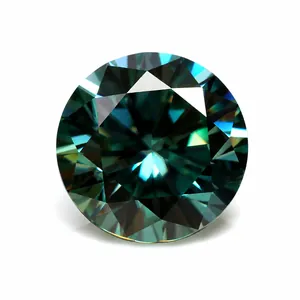Close-up of a brilliant round cut cyan moissanite stone showing fire and brilliance