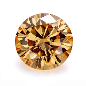Detailed view of a champagne round Moissanite stone with Hearts and Arrows cut