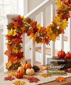 Realistic autumn maple leaf garland draped over a white staircase for home decor.