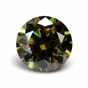 Detailed macro view of an olive green round moissanite with eight hearts and arrows cut