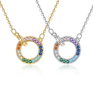 Dames Mode Regenboog Dubbele Ring In elkaar grijpende Hanger Ketting Messing Verguld Zirconia Ingelegde Sieraden