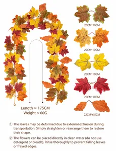 Artificial fall maple leaf garland 175cm length with dimensions and product care instructions