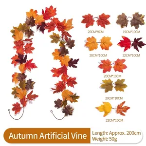 Detailed view of artificial maple leaf garland with dimensions for autumn home decor.
