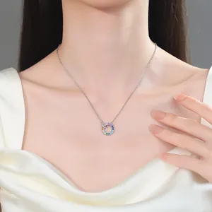 Elegante regenboog dubbele ring hanger ketting met kleurrijke zirkonia op zilveren ketting
