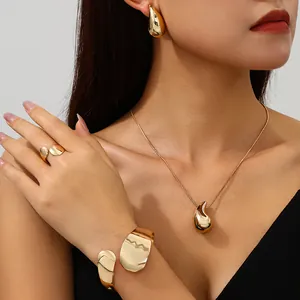 Minimalist Gold Plated Teardrop Necklace Earring Bangle Ring Jewelry Collection For Women Elegant High Polish Waterdrop Design