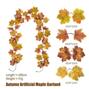 Details of 200cm artificial maple leaf garland showing different leaf dimensions