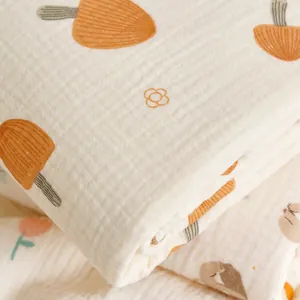 Couverture douce en mousseline de coton à 4 couches avec motif de champignons orange