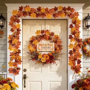 Autumn artificial maple leaf garland and wreath for front door harvest decor