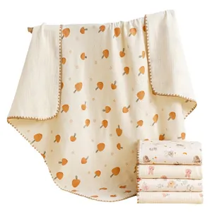 Couverture bébé en mousseline de coton à quatre couches avec motifs champignons et animaux