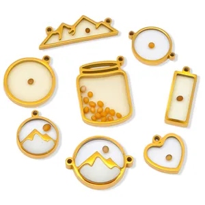 Gold-plated stainless steel pendants with real mustard seeds in various geometric designs