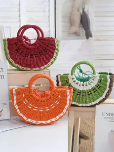 Bolsos de paja tejidos a mano con motivos de frutas de sandía, naranja y kiwi