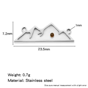 Stainless steel mountain shaped pendant charm with mustard seed, size measurement detail