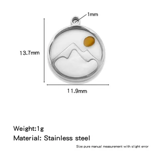 Stainless steel mustard seed pendant featuring a mountain landscape design with dimensions
