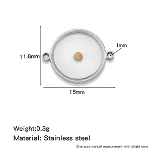 Stainless steel circular mustard seed pendant charm with clear measurement annotations