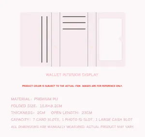 Detailed interior layout diagram of a pink tri-fold compact wallet with card slots