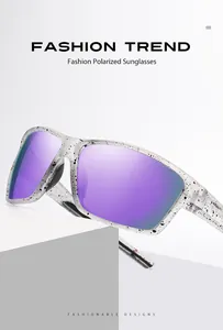 Sporty polarized sunglasses with purple mirrored lenses and white splatter frames.