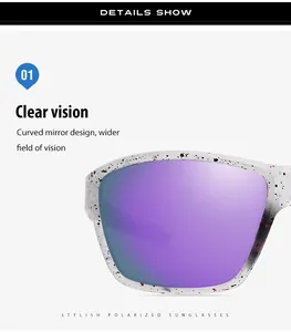 Close-up detail of purple polarized lens and speckled frame for sports sunglasses.
