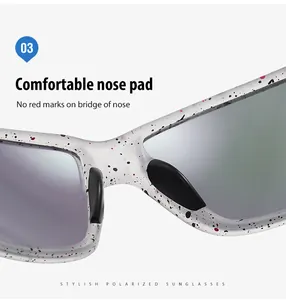Macro detail of comfortable black integrated nose pads on stylish speckled white cycling sunglasses