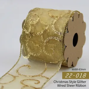 Gold Christmas glitter sheer wired ribbon with swirl pattern, 63mm width for gift decor