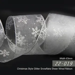 63mm Christmas silver glitter snowflake white organza wired ribbon for holiday gift wrapping
