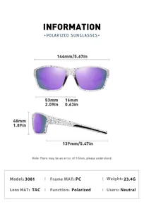Dimension diagram for polarized sports sunglasses model 3081 with PC frame and TAC lens