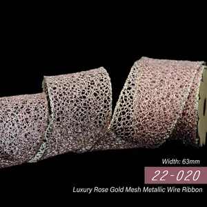Luxury 63mm wide rose gold glitter mesh wire ribbon for Christmas tree decorations