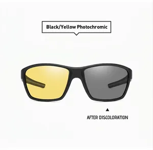 Photochromic sports sunglasses comparison showing transition from yellow to black lenses