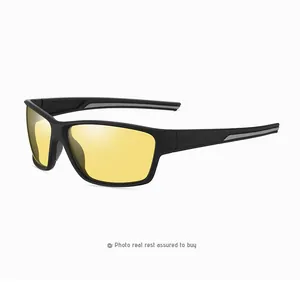 Close-up of professional sports sunglasses featuring yellow lenses and a sleek black frame