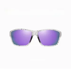 Sports sunglasses with transparent white speckled frame and purple mirror lenses